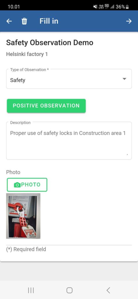 Example, positive safety observation